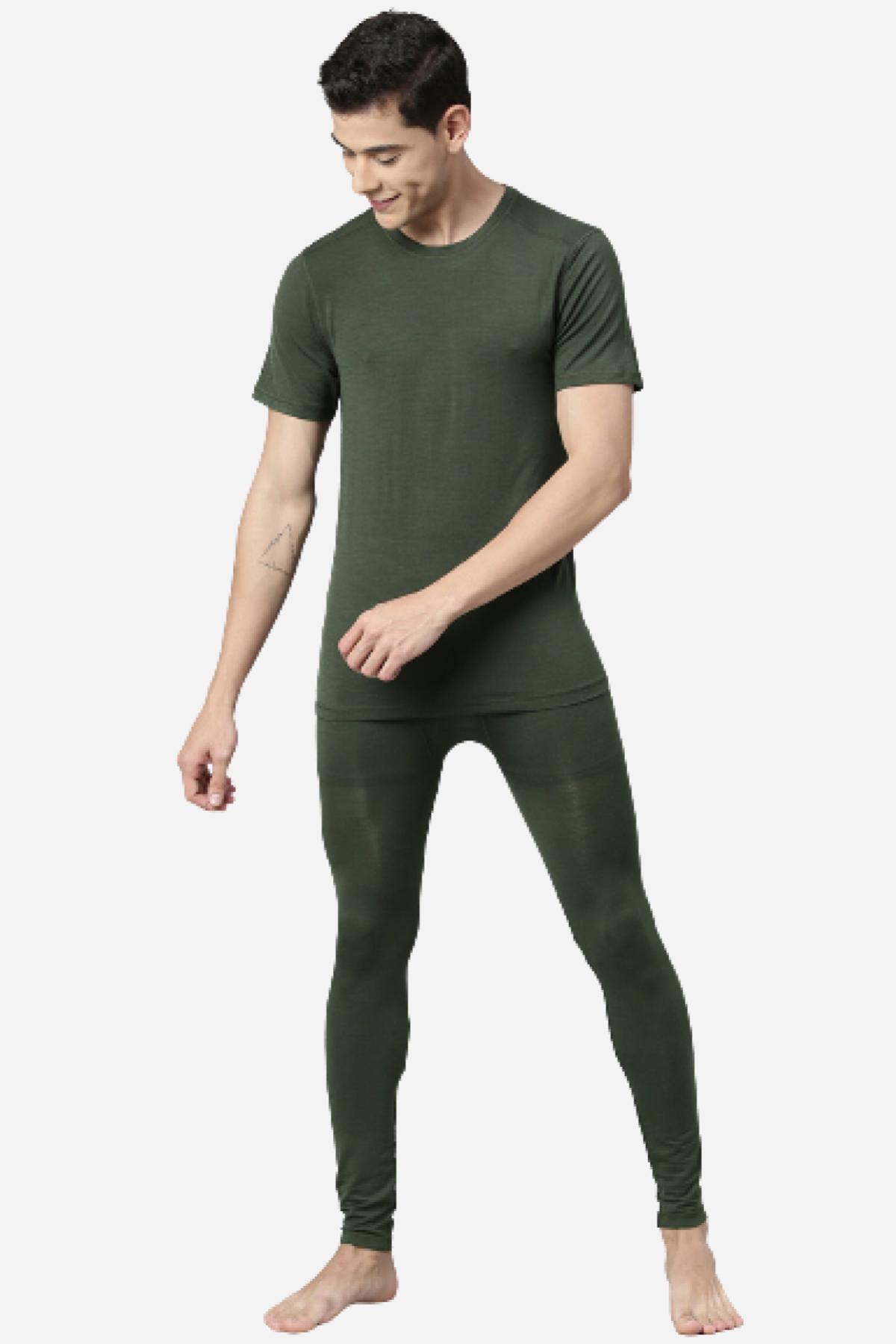 Olive Merino Wool Bamboo Thermal Tee Leggings Set | Men | Snuggle Up With Free Woollen Socks